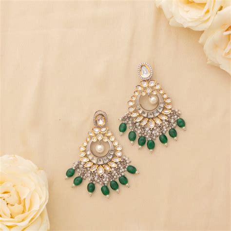 Gia Green Pearl Polki Chandbalis – Zevar by Geeta