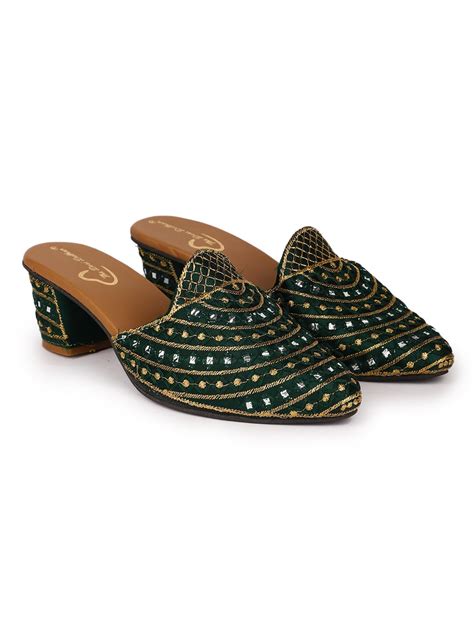 Buy The Desi Dulhan Women Dark Green Ethnic Synthetic Heel Mules with ...