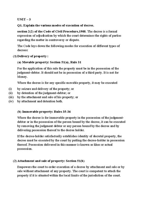 CPC Unit 3: Modes of Execution, Ex Parte Decrees & Framing Issues - Studocu