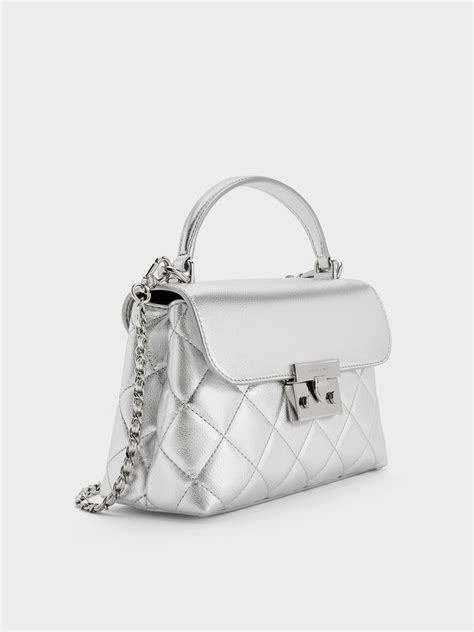 Silver Alva Metallic Quilted Top Handle Bag - CHARLES & KEITH IN