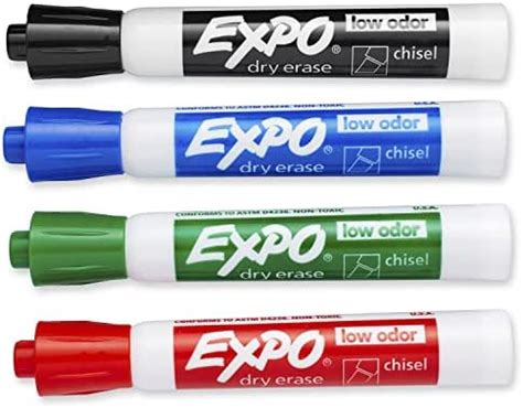 Expo Low Odor Chisel Tip Dry Erase Markers, 4 Colored Markers (80074 ...