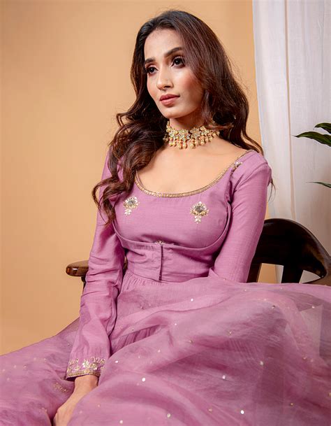 Plum Pink Embroidered Floor-Length Suit with Jacket and Tissue Dupatta ...