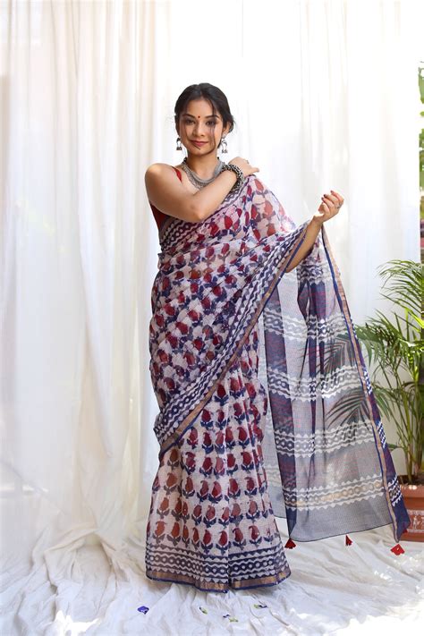 Anjana : Indigo Red Ambi Dabu Handblock Cotton Kota Doria Saree – Gray ...