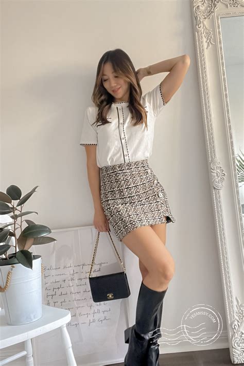 j.ing try on haul tweed mini skirt white top YESMISSY - YesMissy