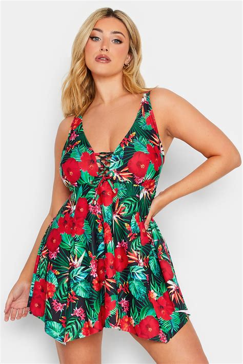 YOURS Plus Size Green Tropical Floral Print Swim Dress | Yours Clothing