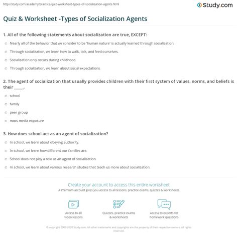 Quiz & Worksheet -Types of Socialization Agents | Study.com