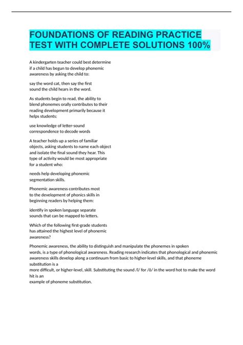 FOUNDATIONS OF READING PRACTICE TEST WITH COMPLETE SOLUTIONS 100% - OAE ...