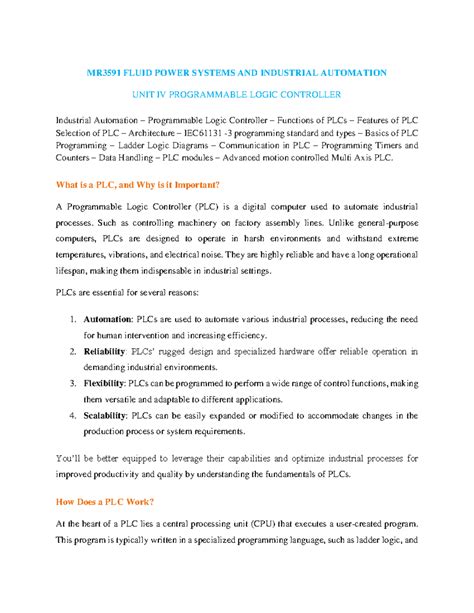 MR3591 FLUID POWER SYSTEMS AND INDUSTRIAL AUTOMATION UNIT IV PLC ...