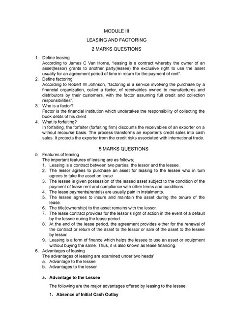 Module III - MODULE III LEASING AND FACTORING 2 MARKS QUESTIONS Define ...