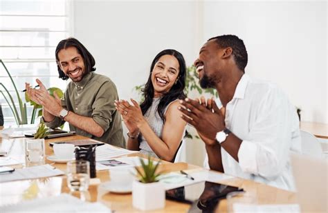 Excited business people applause and meeting with congratulations for ...
