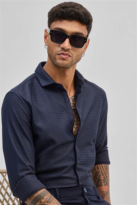 Buy Men's Dark Blue Self-Design Shirts Online | Snitch – SNITCH