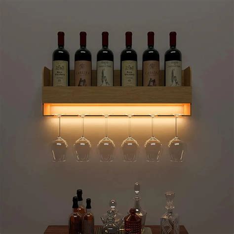 Minimalistic Design Backlit Wall Mounted Mini Bar Shelf in Light Oak F ...