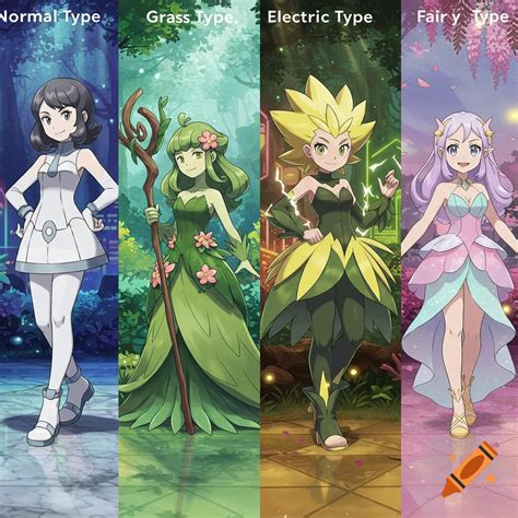 Four anime-style female Pokemon trainers: Normal, Grass, Electric, and ...