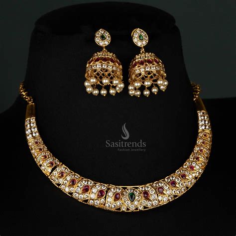 Matte Gold-Plated Necklace Set Ruby Accents and Earrings- Sasitrends