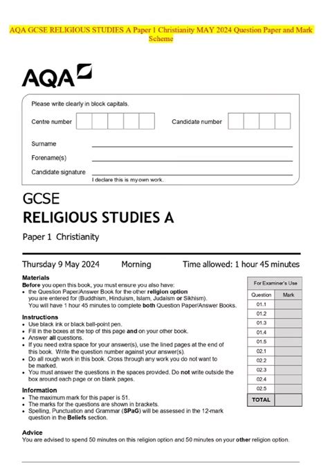AQA GCSE RELIGIOUS STUDIES A Paper 1 Christianity MAY 2024 Question ...
