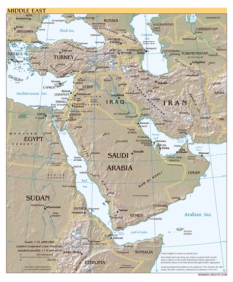 Large scale political map of the Middle East with relief, major cities and capitals - 1999 ...