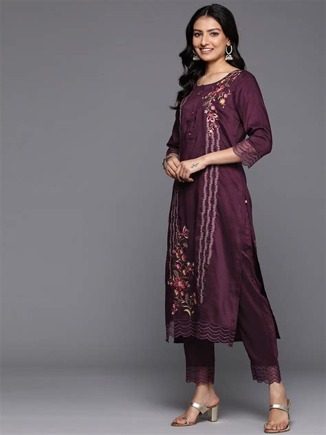 Varanga Women Purple Thread Embroidered Kurta With Organza Hem Paired ...