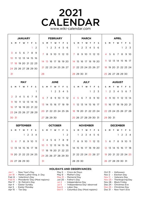 2021 Calendar With Holidays Printable 9 Templates - Riset