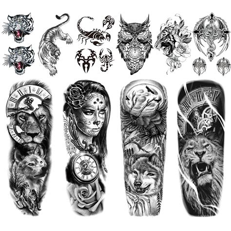 Buy Half Arm Scorpion Tiger Owl Cross Temporary Tattoo 6Sheets,Men Full ...
