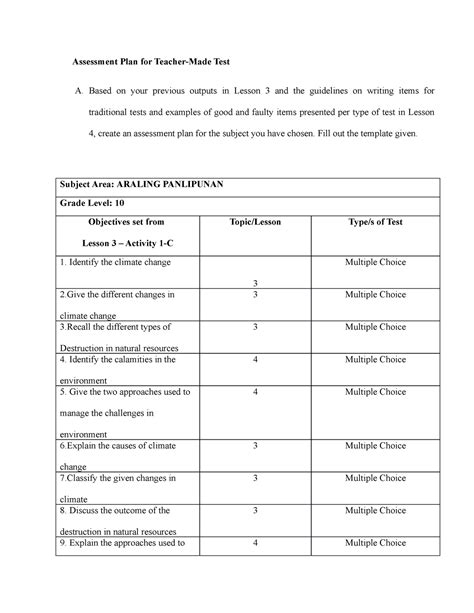 Assessment learning Assessment Plan for Teacher part 1 - Assessment ...