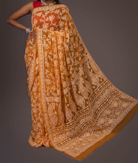 Georgette Chikankari Saree Full Jaal Work - Mustard – Phulari