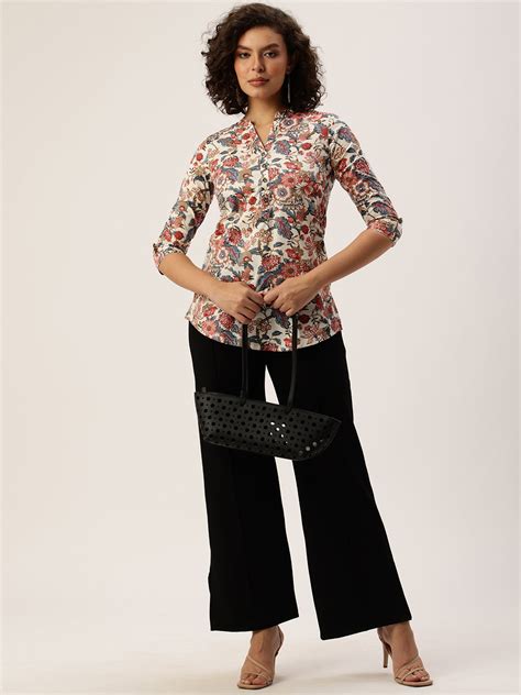 Beige Floral Print Mandarin Collar Tunic – Amukti - The Women's Ethnic ...