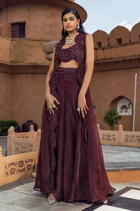 Buy Maroon Organza Sequin And Beads, Thread Border Embroidered Jacket ...