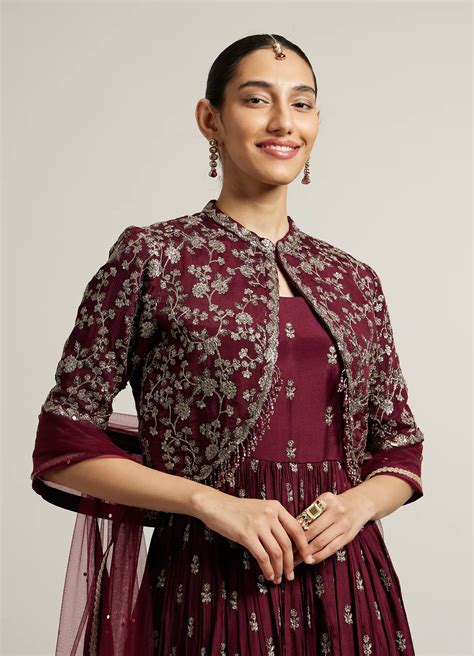 Buy Dark Maroon Embroidered Anarkali Suit with Tassel Trims Online in ...