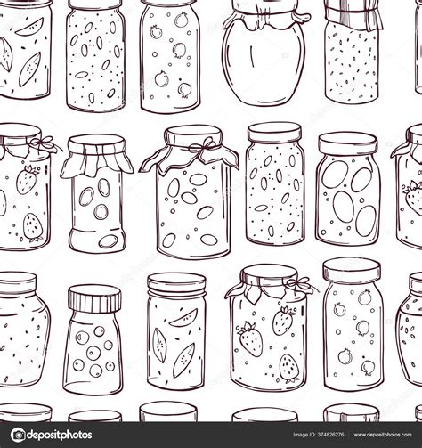 Hand Drawn Jam Jars White Background Vector Seamless Pattern Stock ...