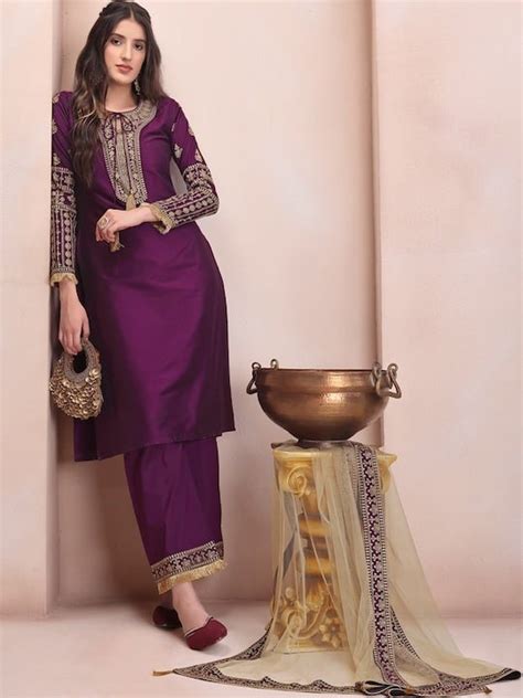 Purple Ethnic Motifs Embroidered Kurta & Trousers With Dupatta Inddus.in