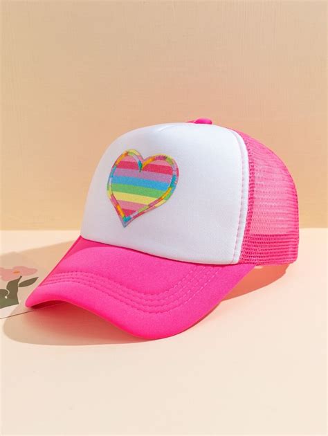 1pc Women Rainbow Striped & Heart Pattern Casual Style Trucker Hat For ...