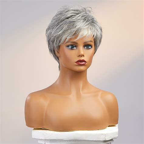 Echt haar Pruik Kort Recht Met pony Donker Grijs Zacht Feest Dames ...