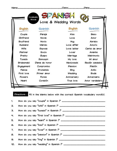 Spanish Love & Wedding Vocabulary Word List Worksheet & Answer Keys ...