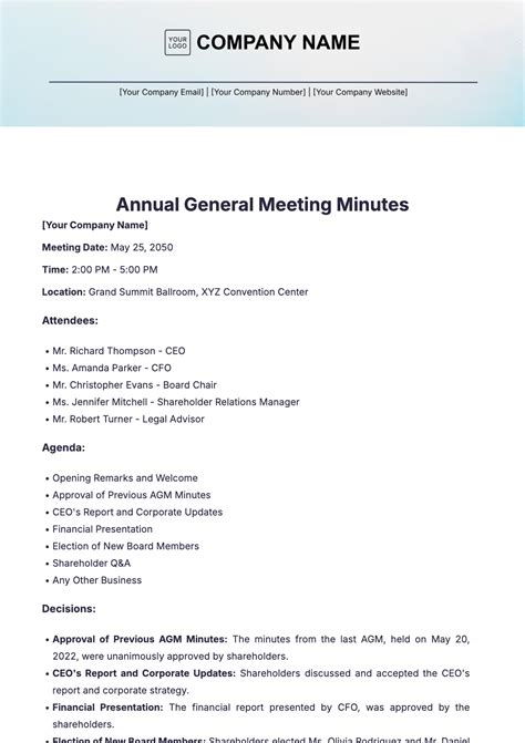 Free Annual General Meeting Minutes Template to Edit Online