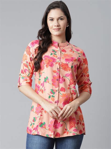 Divena Rayon Peach Floral Print Shirt Style A-Line Top – divena world