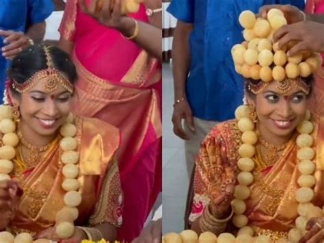 The South Indian bride wore a pakodi garland and crown at the wedding ...