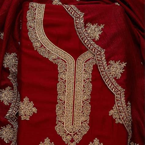 Maroon & Gold-Toned Embroidered Art Silk Unstitched Dress Material