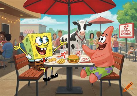 SpongeBob and Patrick sit at an outdoor table at Chick-fil-A, eating ...