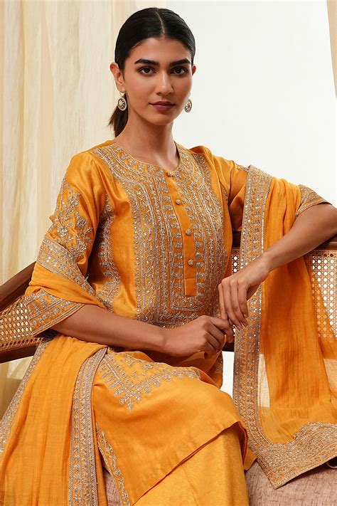 Buy Ochre Yellow Cotton Silk Straight Suit Set Online at Biba India