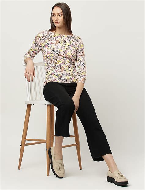 Buy Cotton Mix Floral Printed Boat Neck T-Shirt at Marks & Spencer