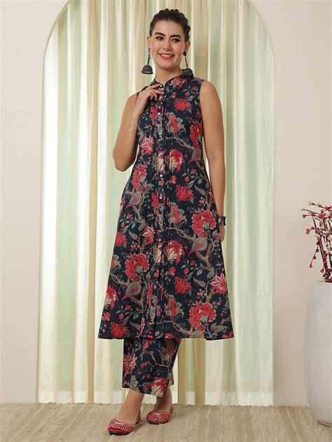 Blue Cotton Calf Length Printed A-Line Mandarin Neck Kurta Palazzo Set ...