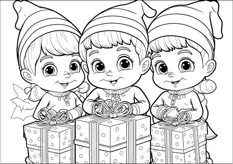 Three Christmas elves - Christmas Coloring Pages for Kids
