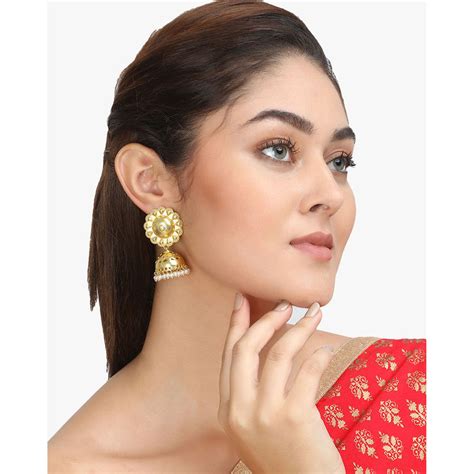 Buy Adwitiya Women Gold-Plated Dome Shaped Floral Pearl Jhumka Online