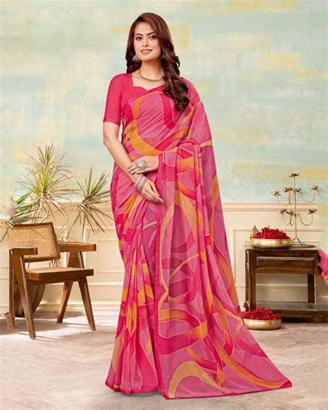 Vishal Prints Deep Blush Pink Printed Georgette Saree With Satin Pipin