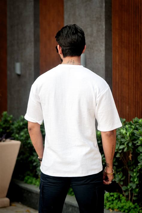 White Self Design Oversized Round Neck T-Shirt – Gritstones