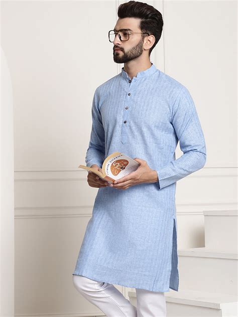 Men's Cotton Blend Checked Blue ONLY Long Kurta – Sojanya