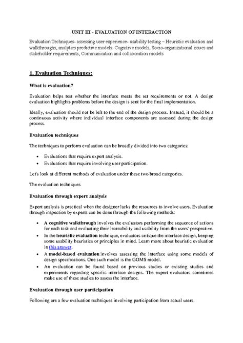 UNIT III - HCI: Evaluation Techniques for User Interaction and ...
