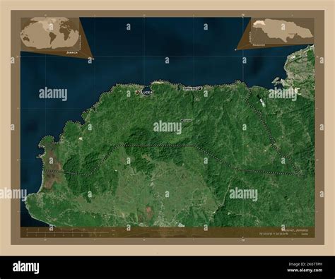 Hanover, parish of Jamaica. Low resolution satellite map. Locations and ...