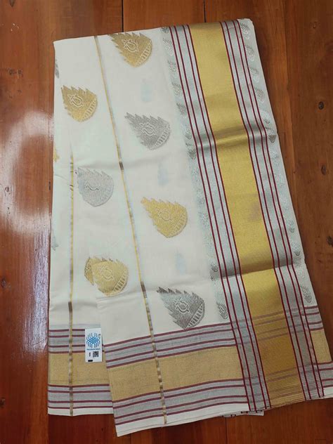 Kuthampully Premium Handloom Kasavu Saree with Silver and Golden Motif ...