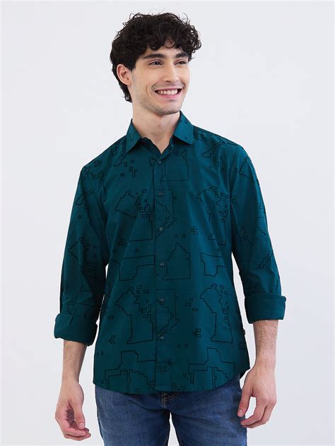 Spykar Teal Green Slim Fit Casual Shirts For Men